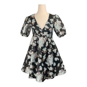 NWT June & Ivy Black Metallic Floral Baby Doll Summer Dress Mini Size XS